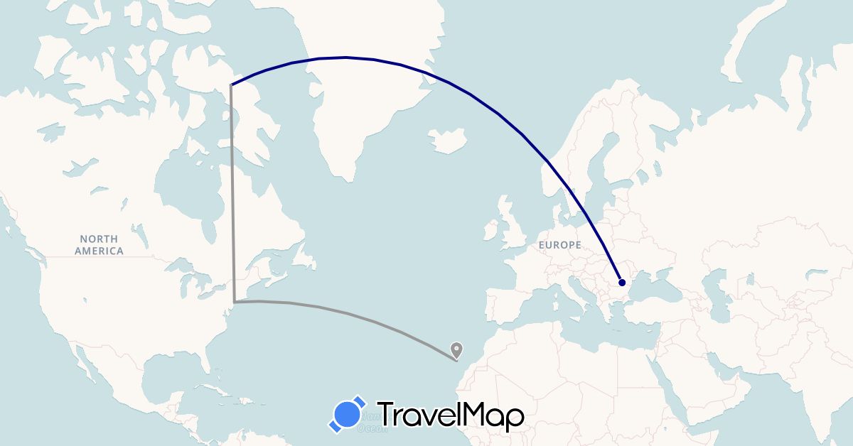 TravelMap itinerary: driving, plane in Canada, Spain, Romania, United States (Europe, North America)